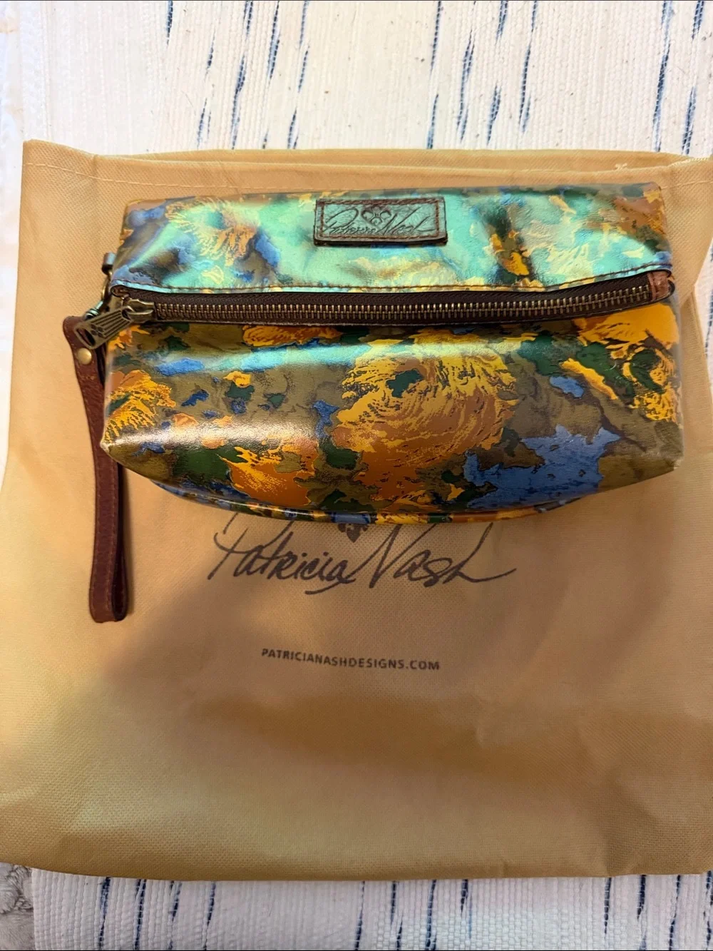 Patricia Nash Metallic Floral Leather Wristlet in Teal, Gold, Blue